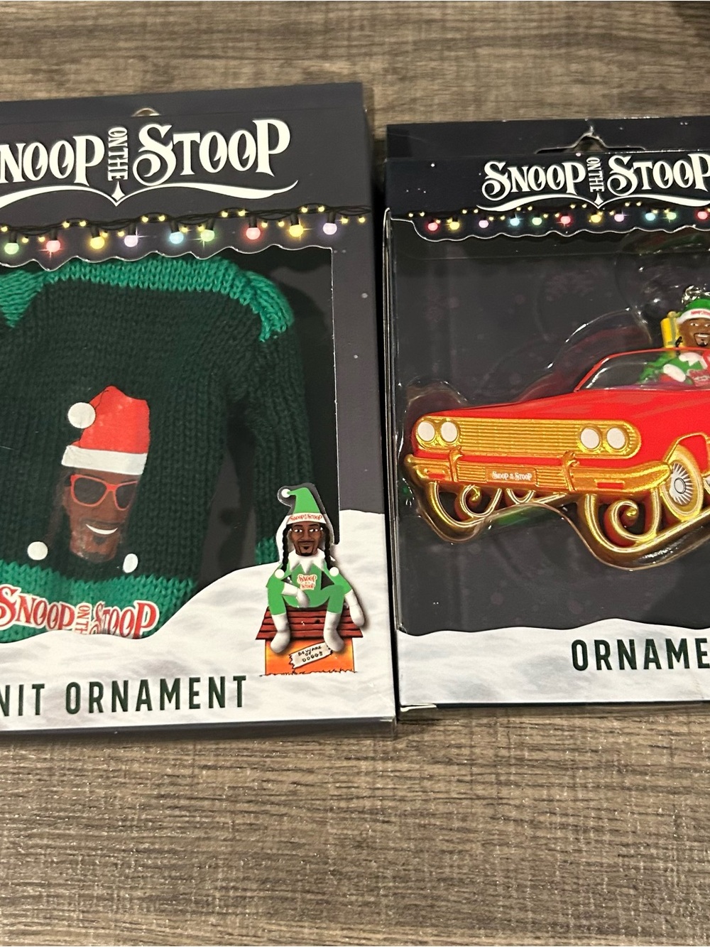 Snoop on the Stoop Men's Green Crewneck Sweater Ornament and Car ornament.